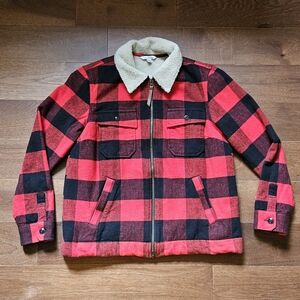 Womens LL Bean Red Buffalo Plaid Fleece Chamois Jacket Medium
